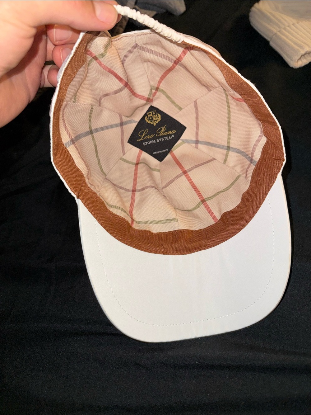 Loro Piana White Visor with Brown Trim and Plaid Lining